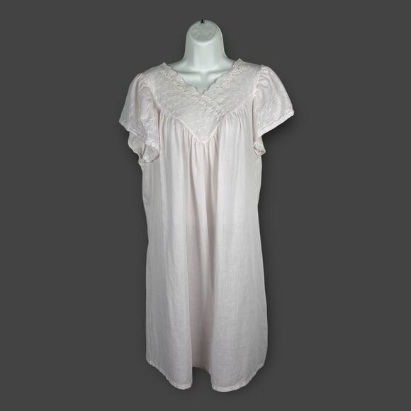Vintage Pink Nylon Cotton Eyelet Lace Short Nightgown Katie O'Brian Large - Picture 1 of 5